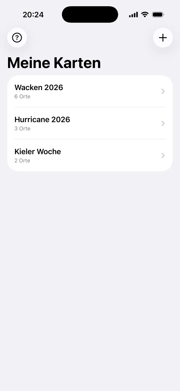 Overview “Meine Karten” (my maps) with Wacken 2026, Hurricane 2026 and Kieler Woche.