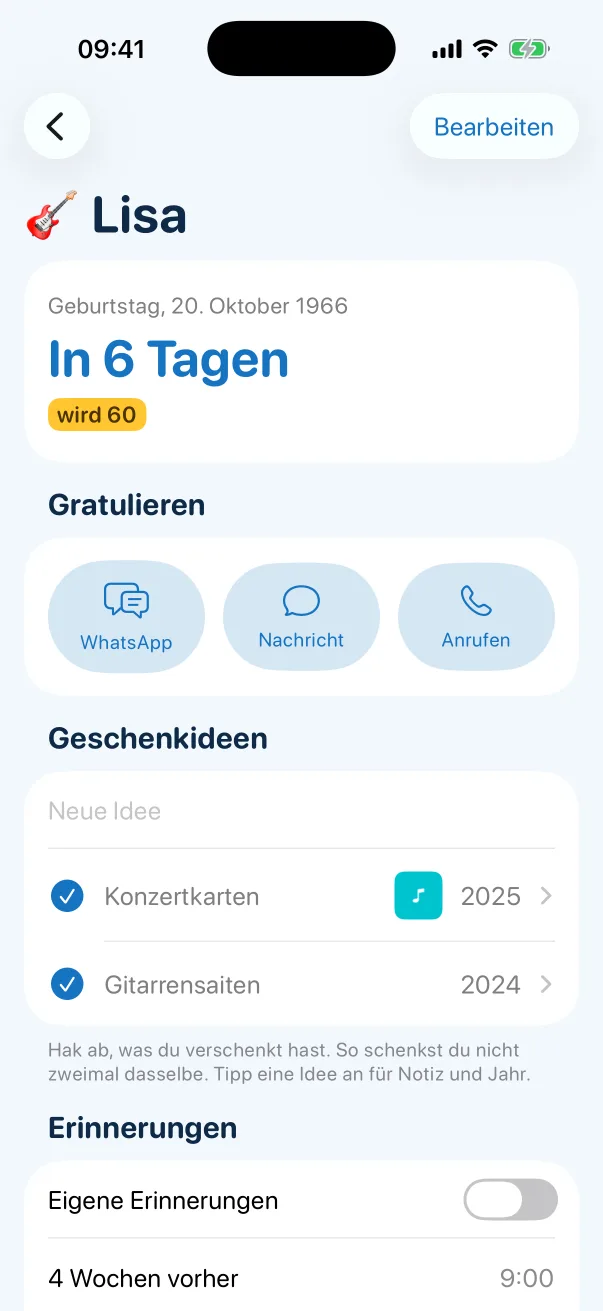 Lisa's page: birthday on 20 October 1966, in 6 days, turns 60. Below it, buttons for WhatsApp, Messages and a call, and the gift ideas concert tickets and guitar strings. Shown in German.