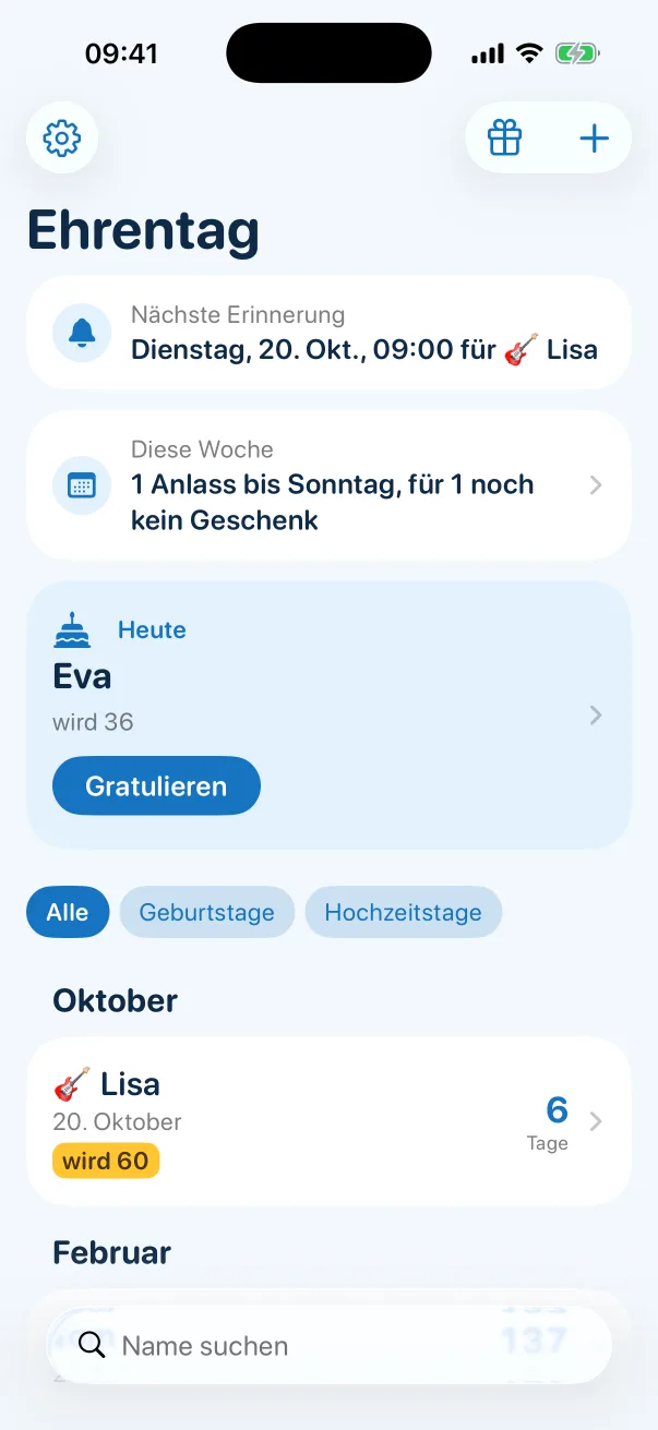 The list in Heartdays: at the top the next reminder on Tuesday, 20 October, at 9:00 for Lisa, below it “This week”, Eva's birthday today with a button to send wishes, and Lisa, who turns 60 in 6 days. Shown in German.