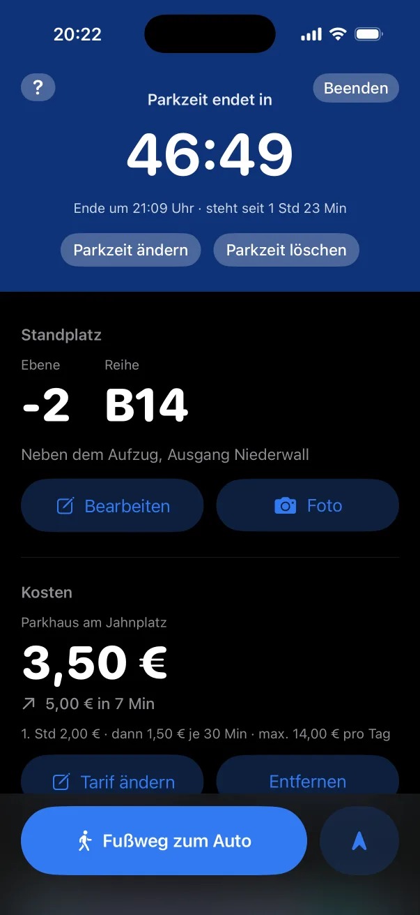 The same parking session in dark mode.