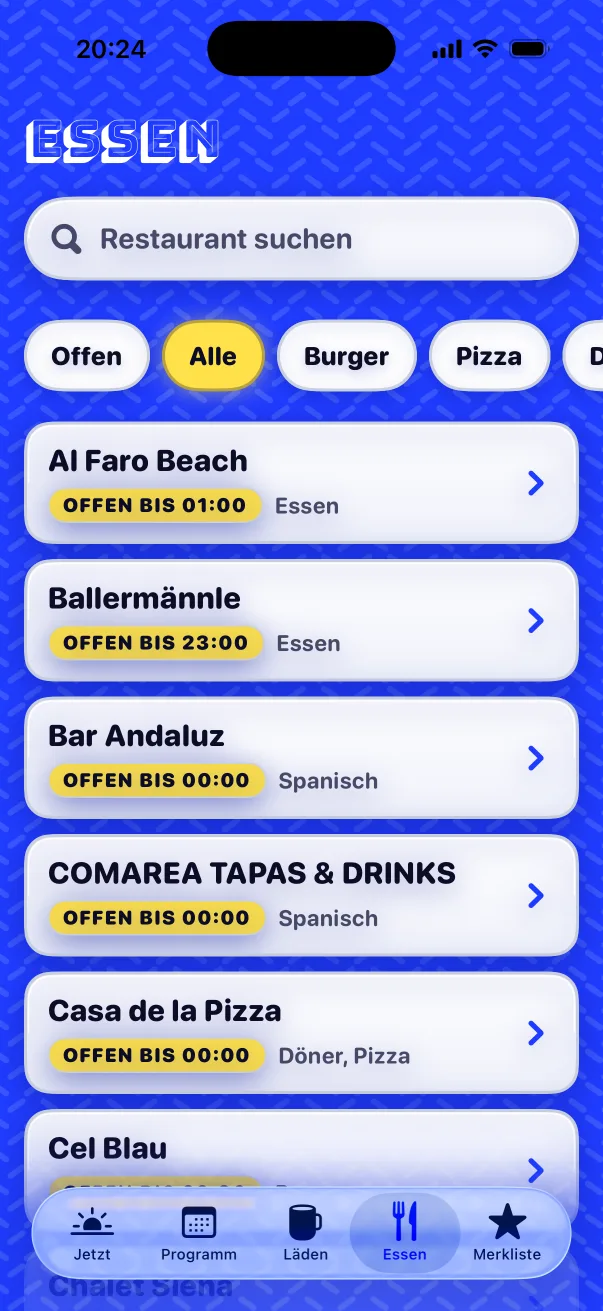 Restaurants with opening hours and cuisine, filtered by burgers, pizza and more.