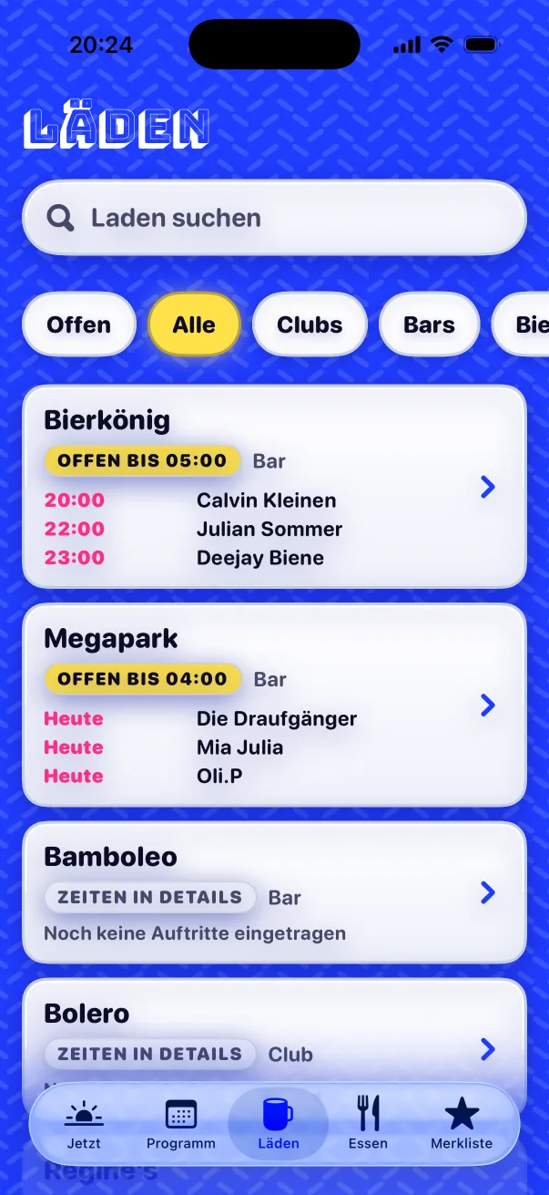 List of venues with opening hours, such as Bierkönig, open until 5 am with three shows.
