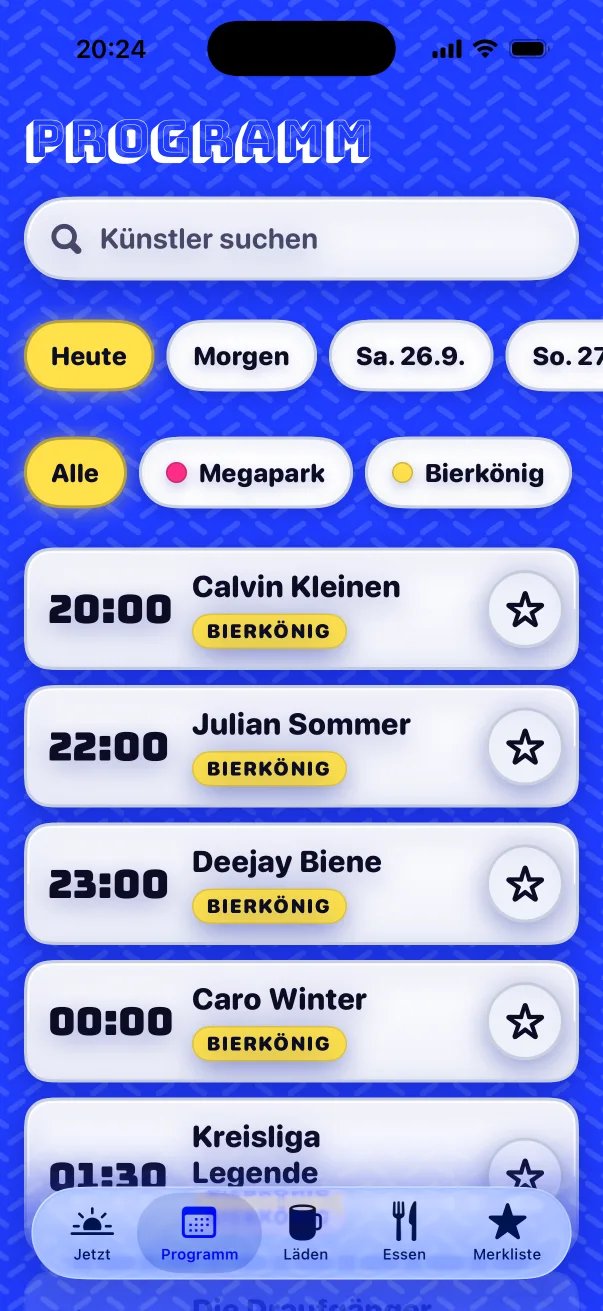 Line-up with artist search, a day picker and a filter for Megapark or Bierkönig.