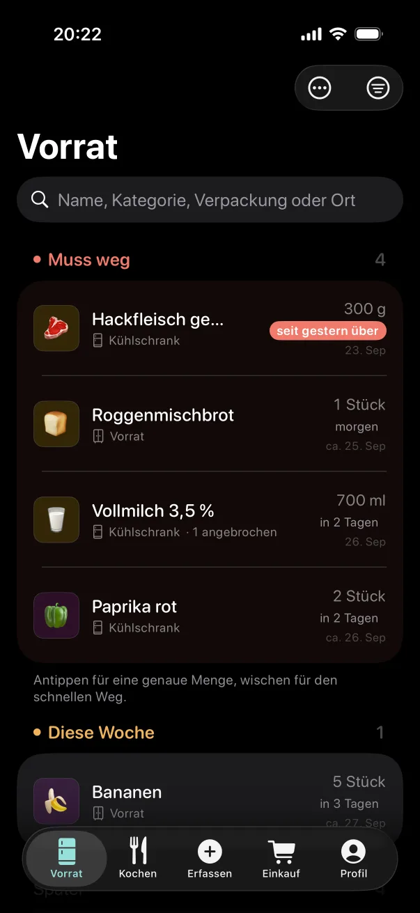 The same food list in dark mode.
